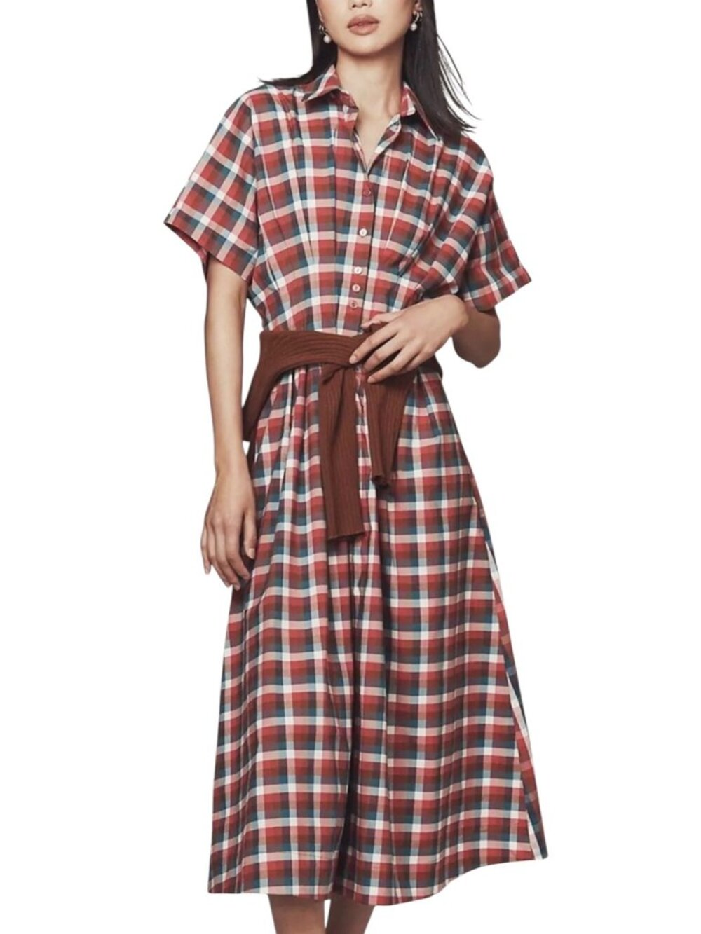 Anthropologie Exquise Dominique Plaid Gingham Midi Shirt Dress XS Button Front